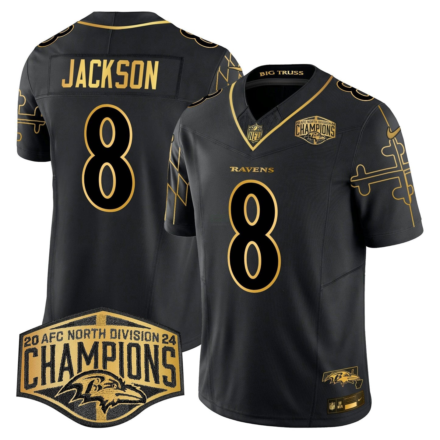 Camisa NFL Men’s Maryland Flag Map 2024 AFC North Division Champions Patch Dourada Vapor Limited Jersey