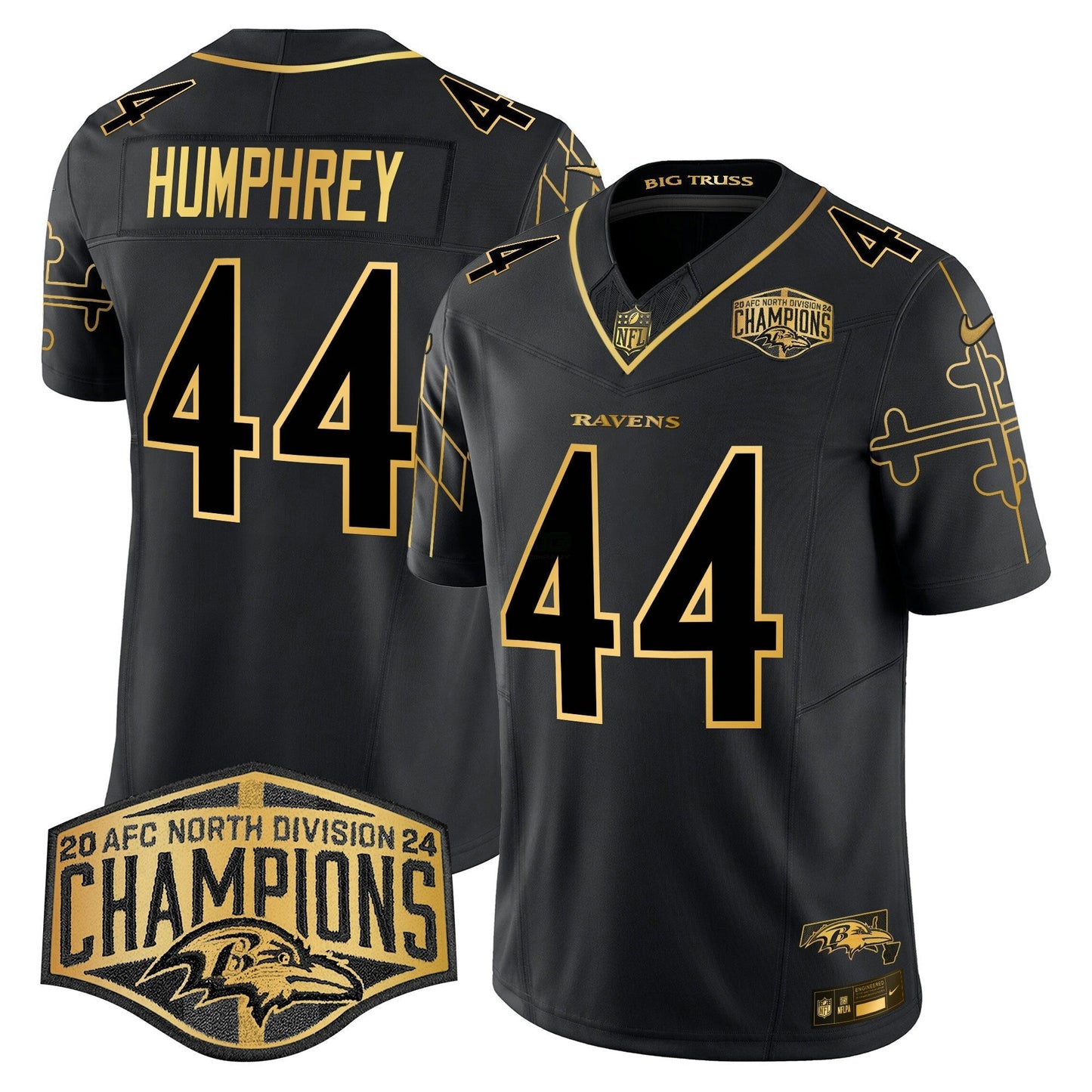 Camisa NFL Men’s Maryland Flag Map 2024 AFC North Division Champions Patch Dourada Vapor Limited Jersey