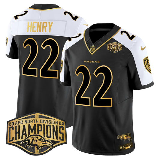 Camisa NFL Men’s Maryland Flag Map 2024 AFC North Division Champions Patch Dourada Vapor Limited Jersey