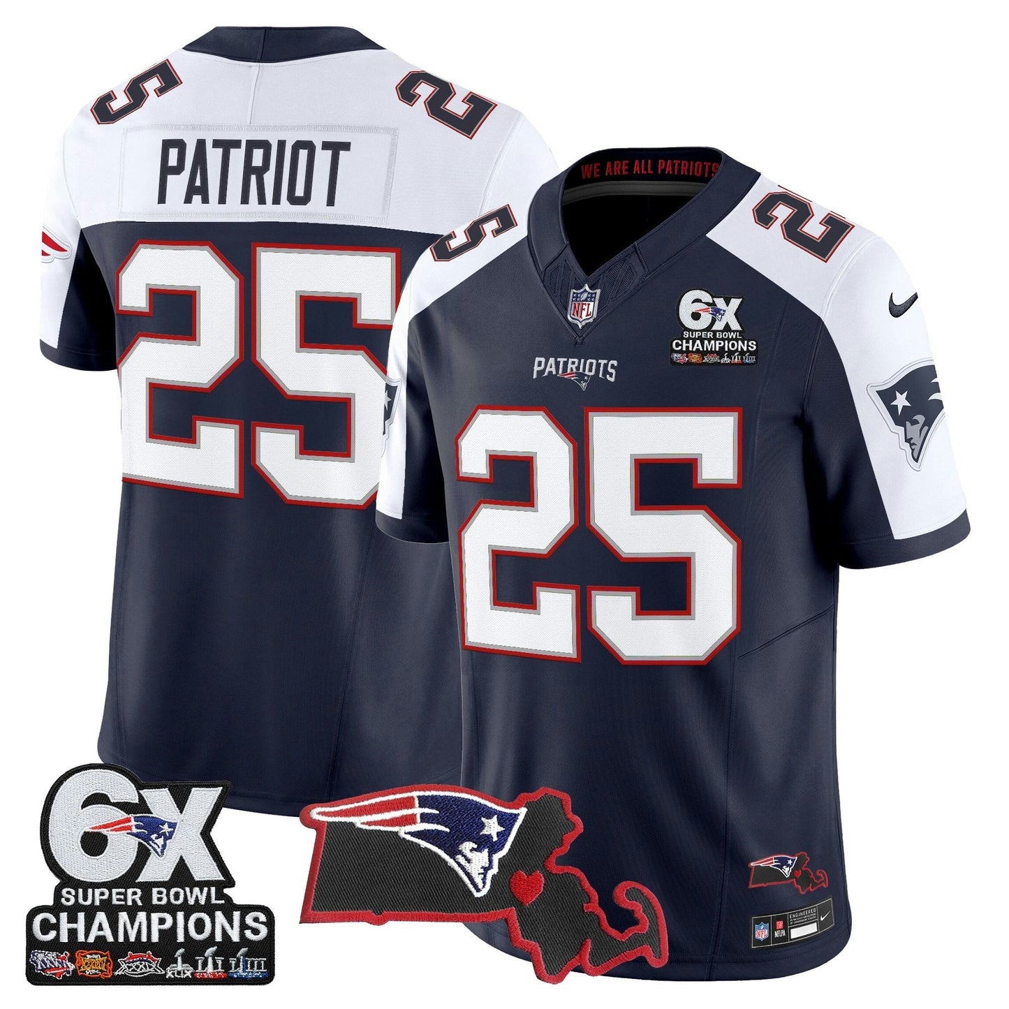 Camisa NFL Men’s New England 6-Time Champions & Massachusetts Patch Vapor Limited Jersey