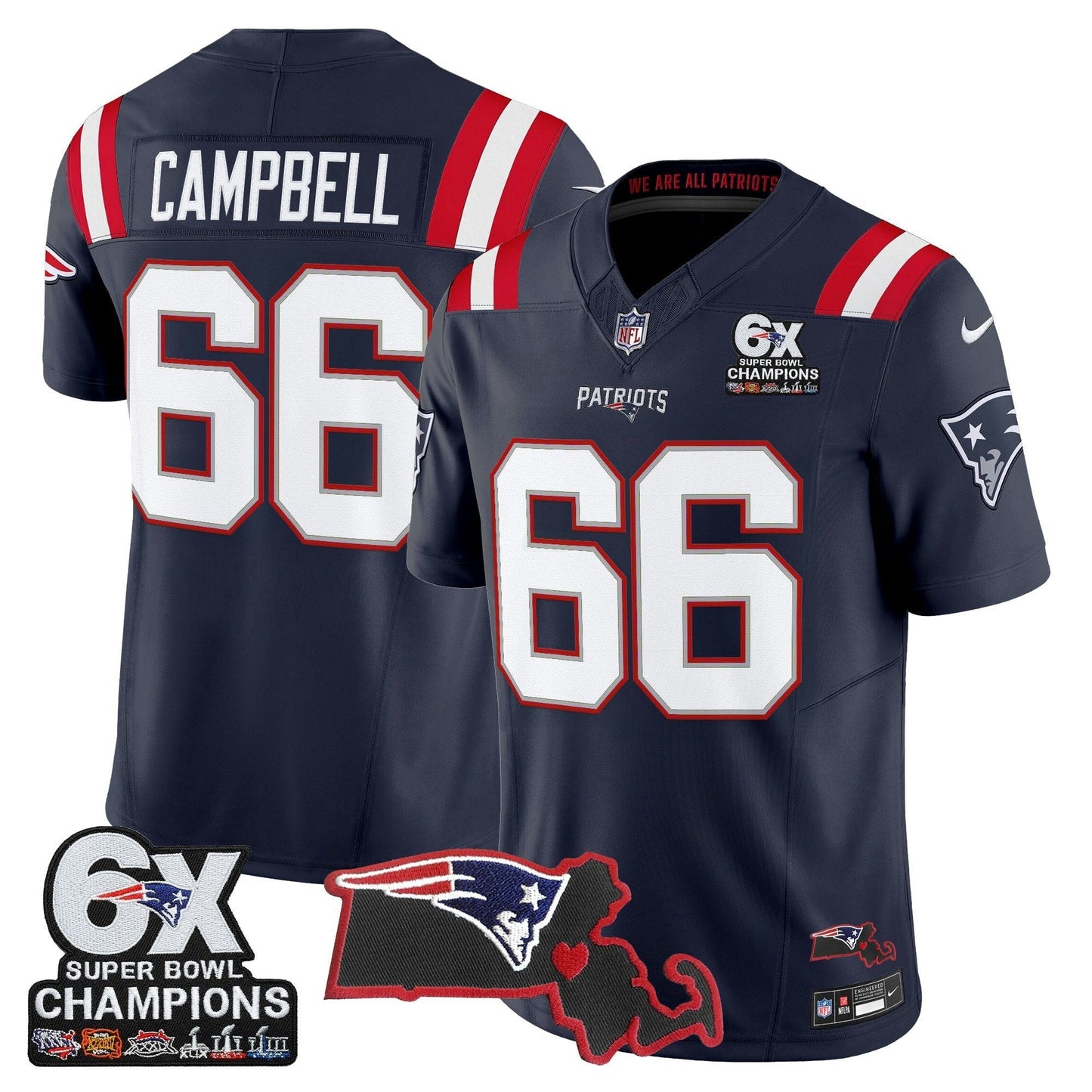 Camisa NFL Men’s New England 6-Time Champions & Massachusetts Patch Vapor Limited Jersey