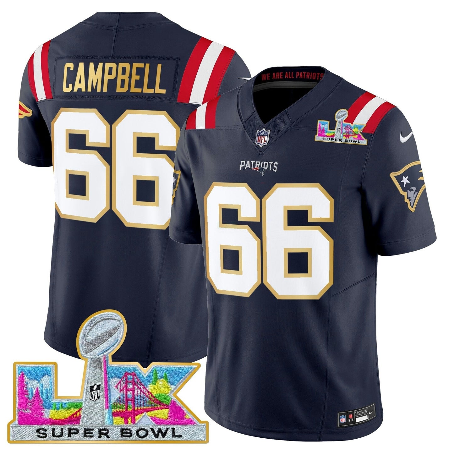 Camisa NFL Men’s New England Super Bowl LX Dourada Trim Vapor Limited Jersey