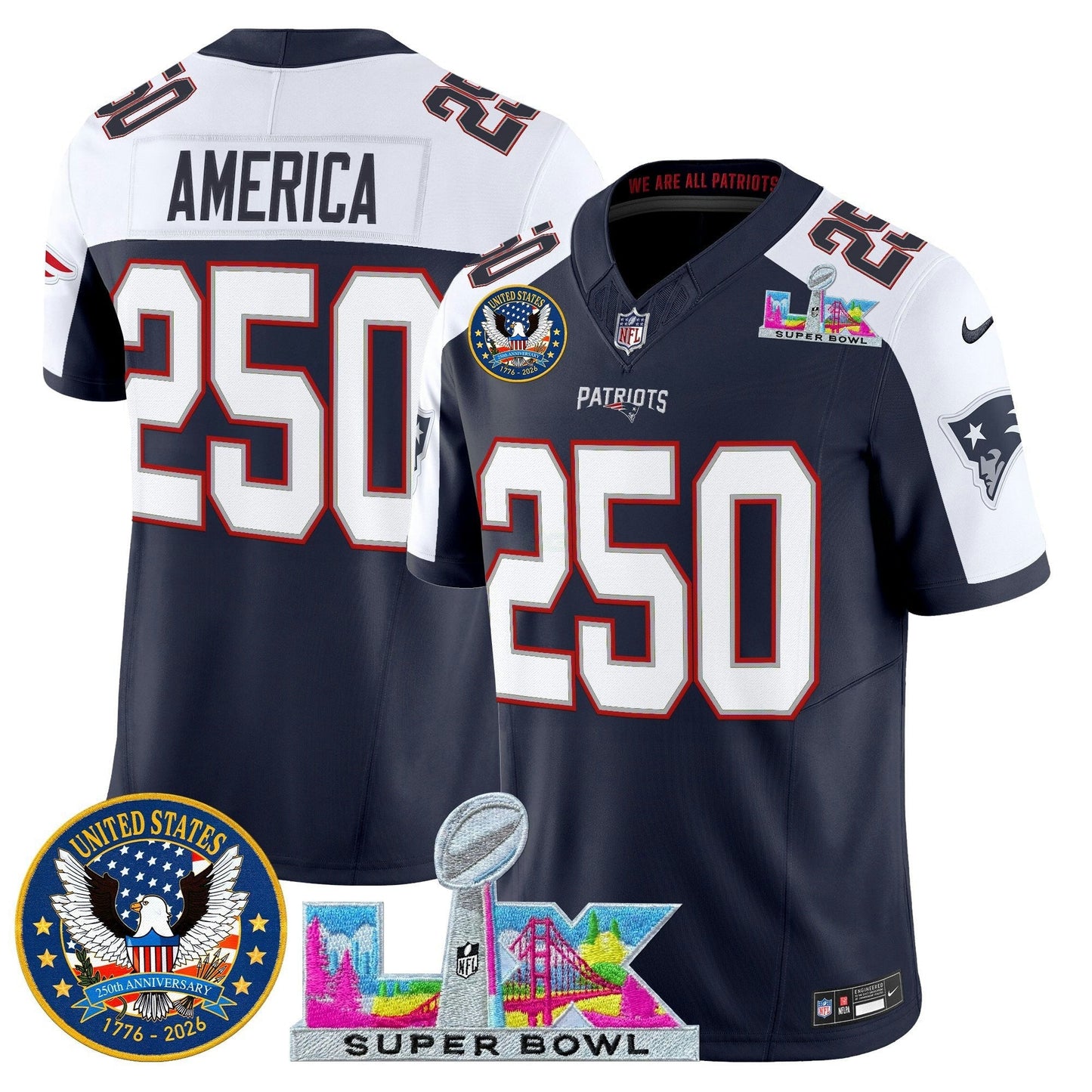 Camisa NFL Men’s New England “Super Bowl LX & United States 250th Patch” Vapor Limited Jersey