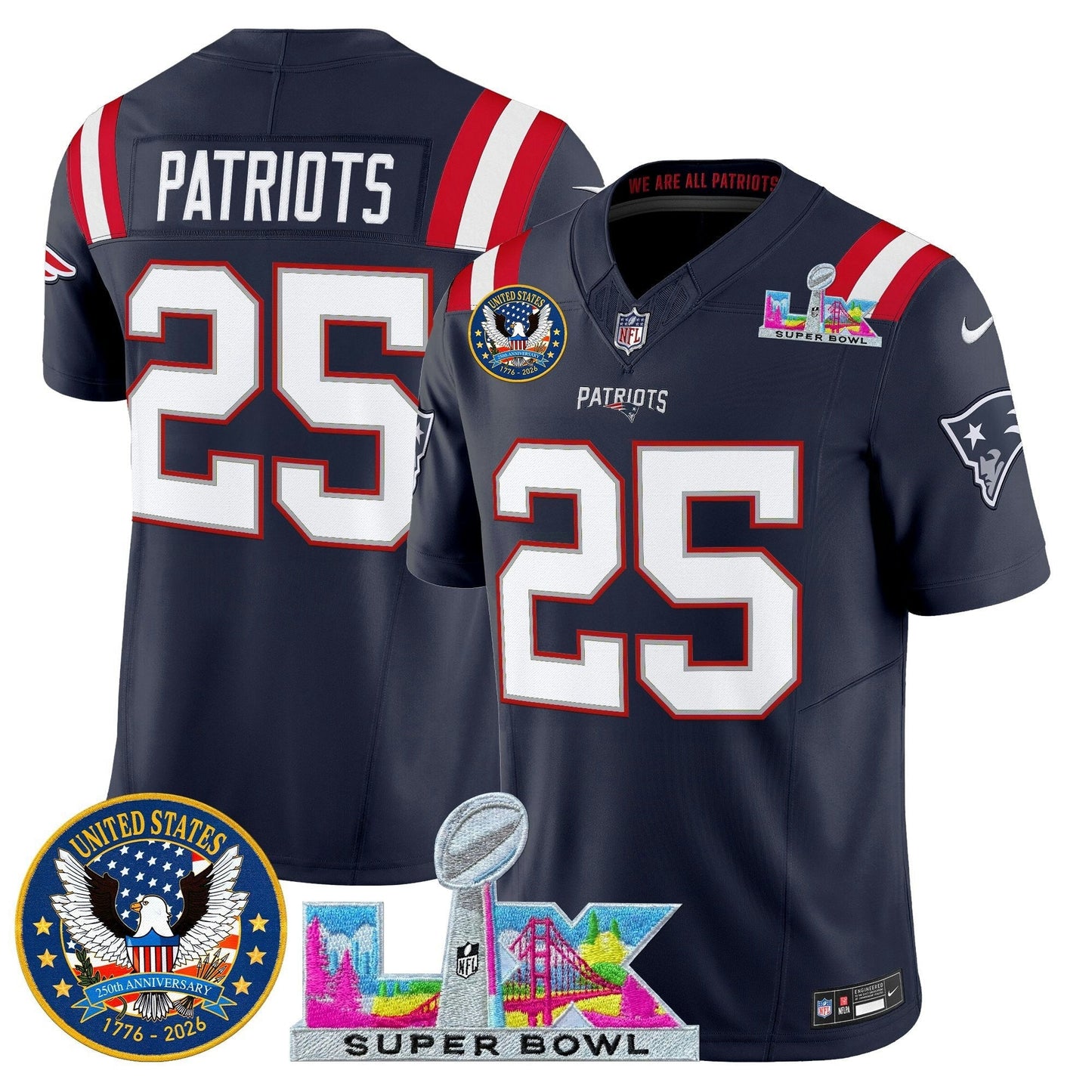 Camisa NFL Men’s New England “Super Bowl LX & United States 250th Patch” Vapor Limited Jersey