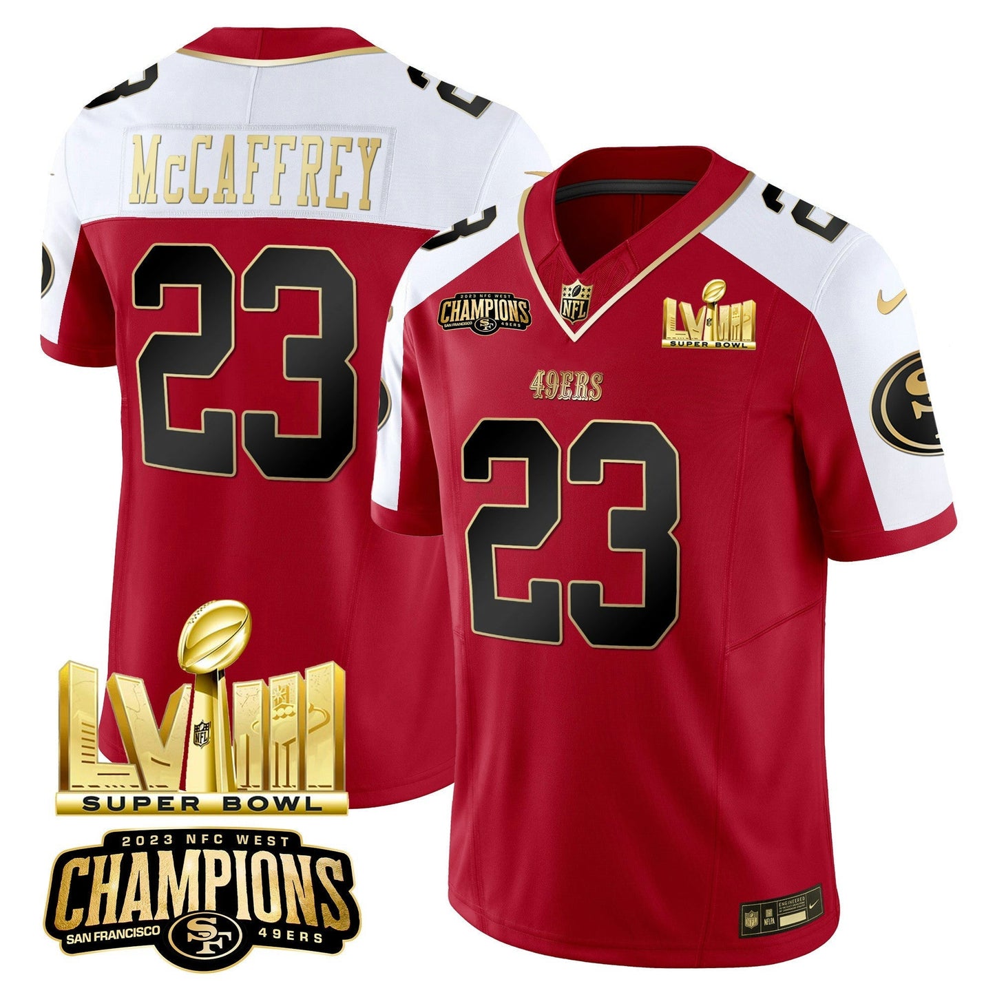 Camisa NFL Men’s NFC West Champions & Super Bowl LVIII Dourada Patch Vapor Jersey