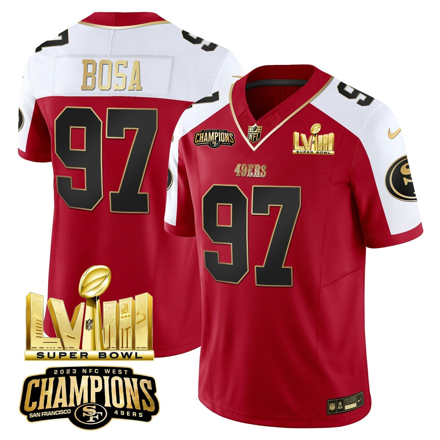 Camisa NFL Men’s NFC West Champions & Super Bowl LVIII Dourada Patch Vapor Jersey