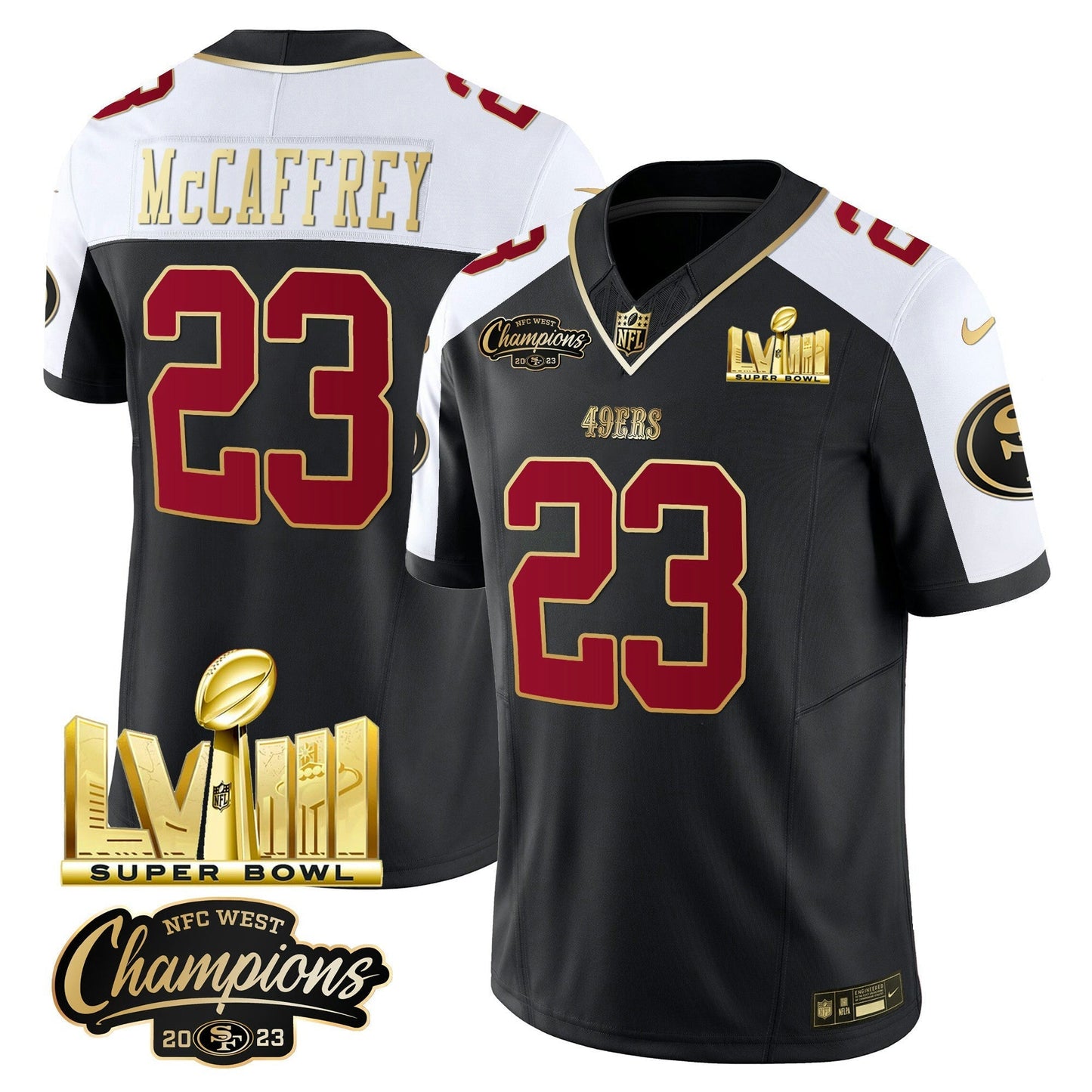 Camisa NFL Men’s NFC West Champions & Super Bowl LVIII Dourada Patch Vapor Jersey V2