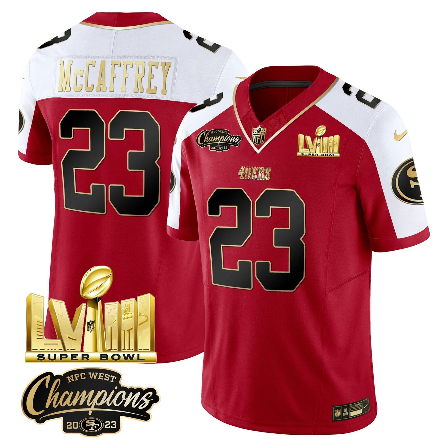 Camisa NFL Men’s NFC West Champions & Super Bowl LVIII Dourada Patch Vapor Jersey V2