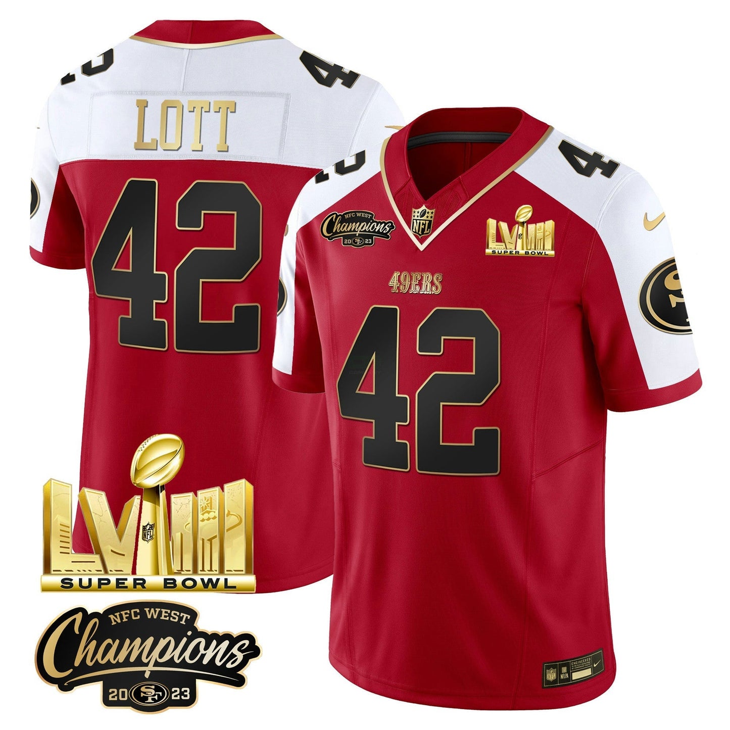 Camisa NFL Men’s NFC West Champions & Super Bowl LVIII Dourada Patch Vapor Jersey V2