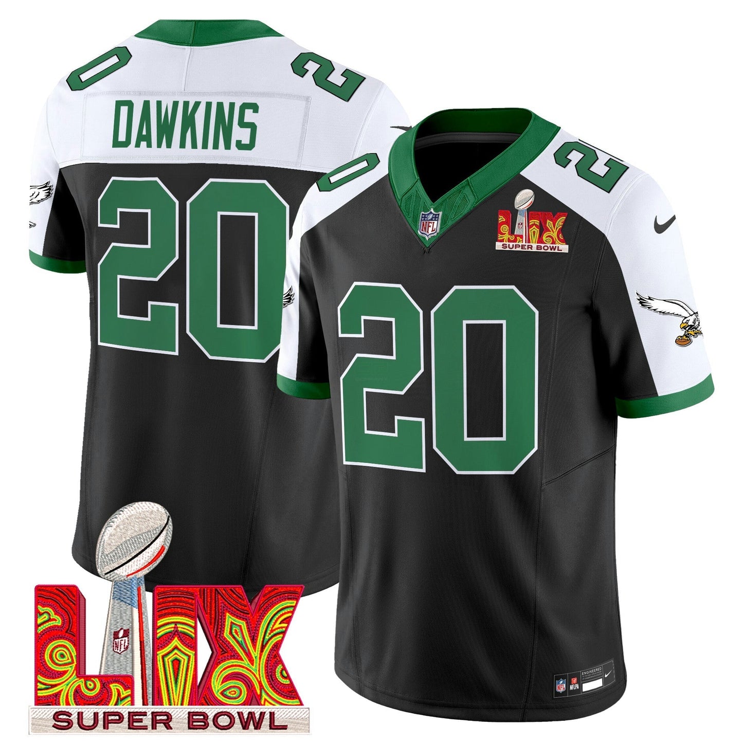 Camisa NFL Men’s Philadelphia Kelly Green Super Bowl LIX Patch Vapor Limited Jersey
