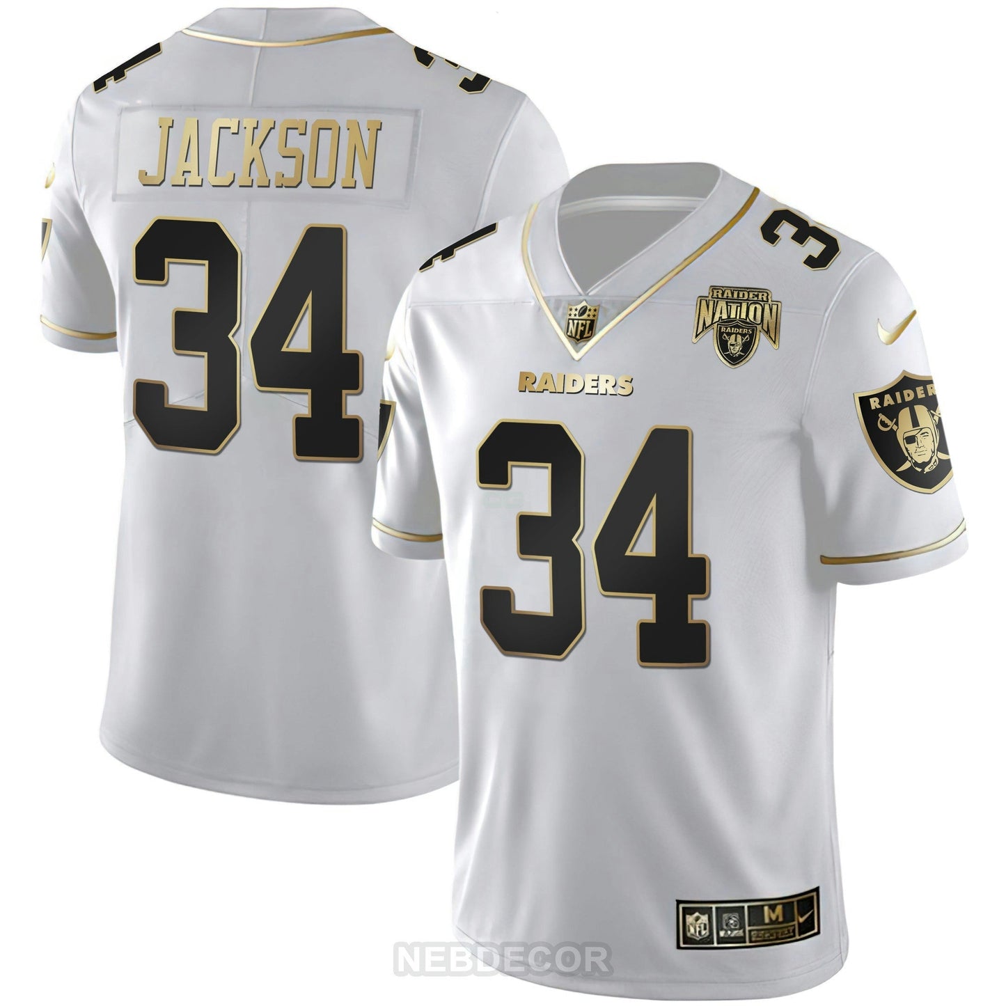 Camisa NFL Las Vegas Raiders Men’s Raider Nation Patch Branca Dourada and Preta Dourada Jersey