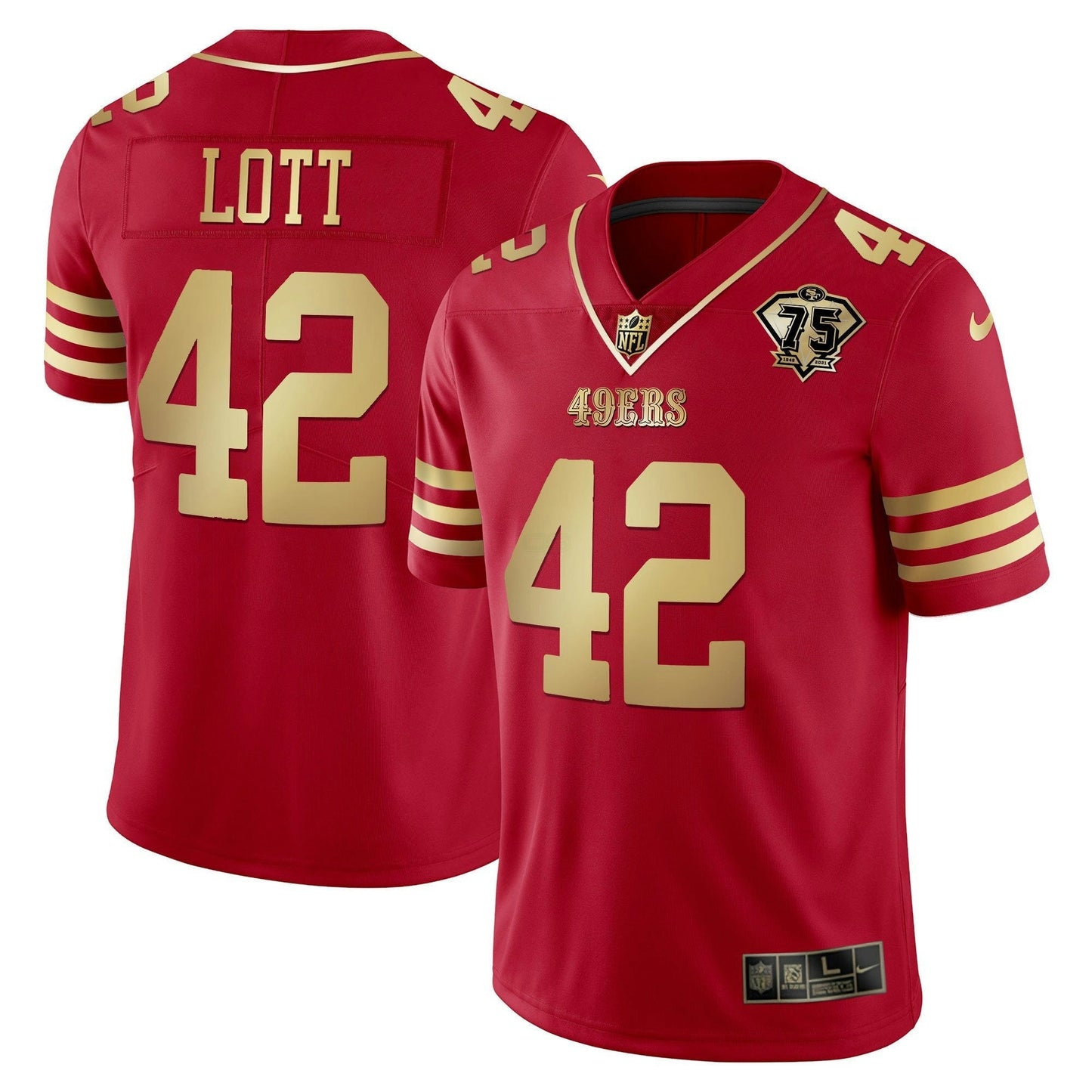 Camisa NFL Men’s Ronnie Lott 75th Anniversary Patch Vapor Preta Vermelha Dourada Limited