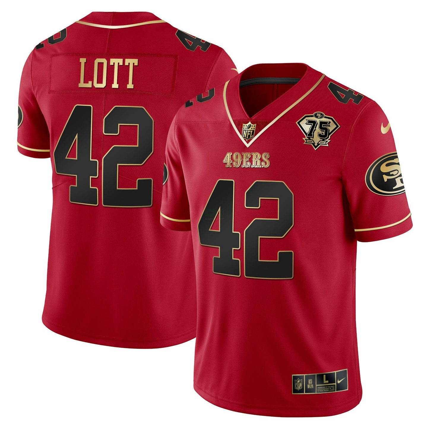 Camisa NFL Men’s Ronnie Lott 75th Anniversary Patch Vapor Preta Vermelha Dourada Limited