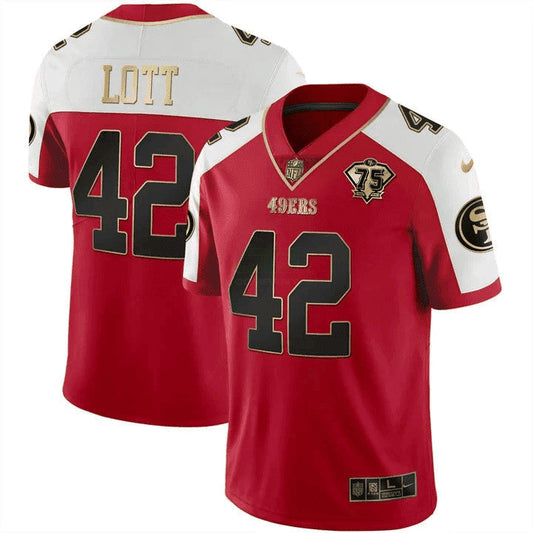 Camisa NFL Men’s Ronnie Lott 75th Anniversary Patch Vapor Preta Vermelha Dourada Limited