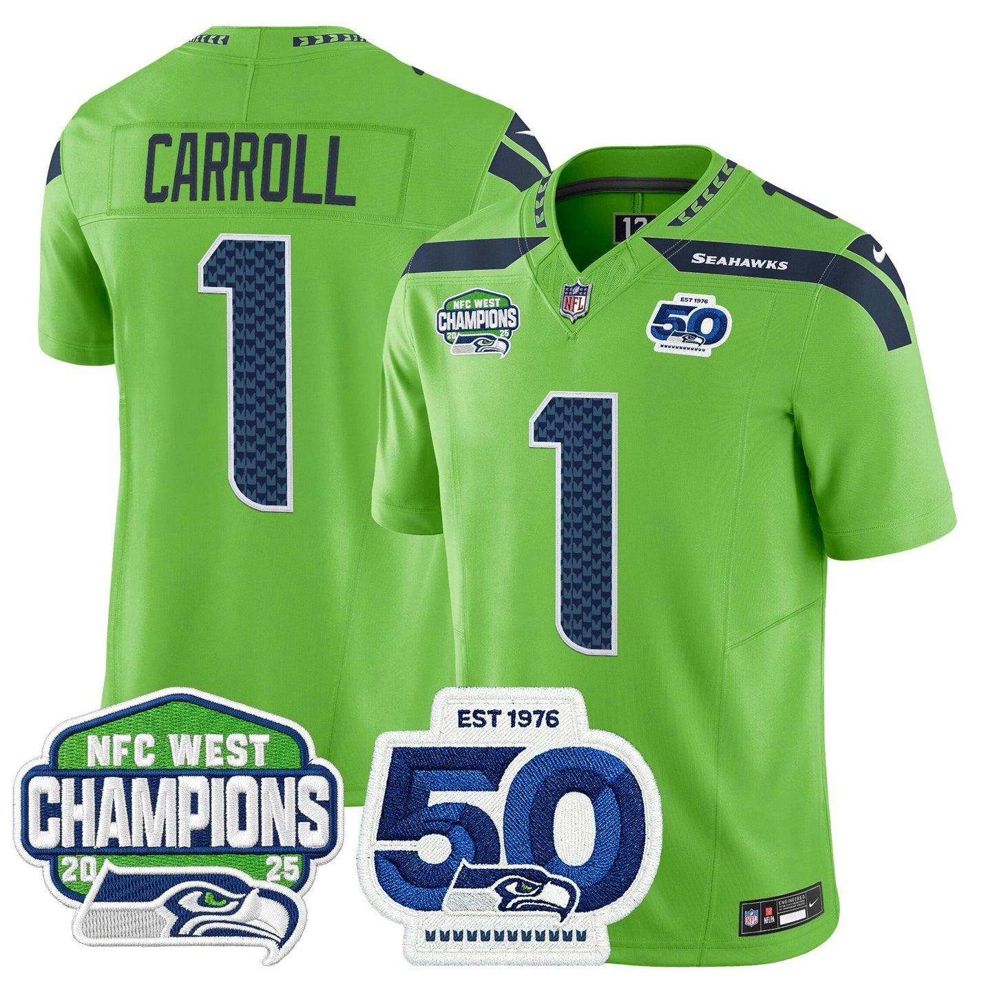 Camisa NFL Men’s Seattle 2025 NFC West Division Champions & 50th Anniversary Patch Vapor Limited Jersey
