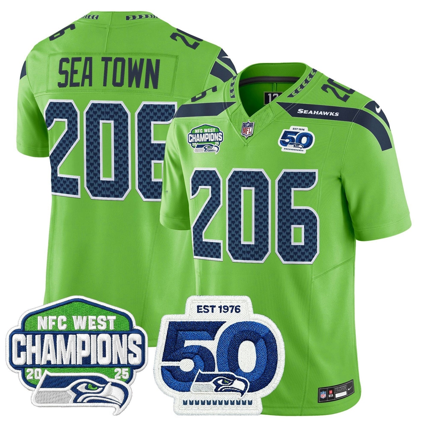 Camisa NFL Men’s Seattle 2025 NFC West Division Champions & 50th Anniversary Patch Vapor Limited Jersey