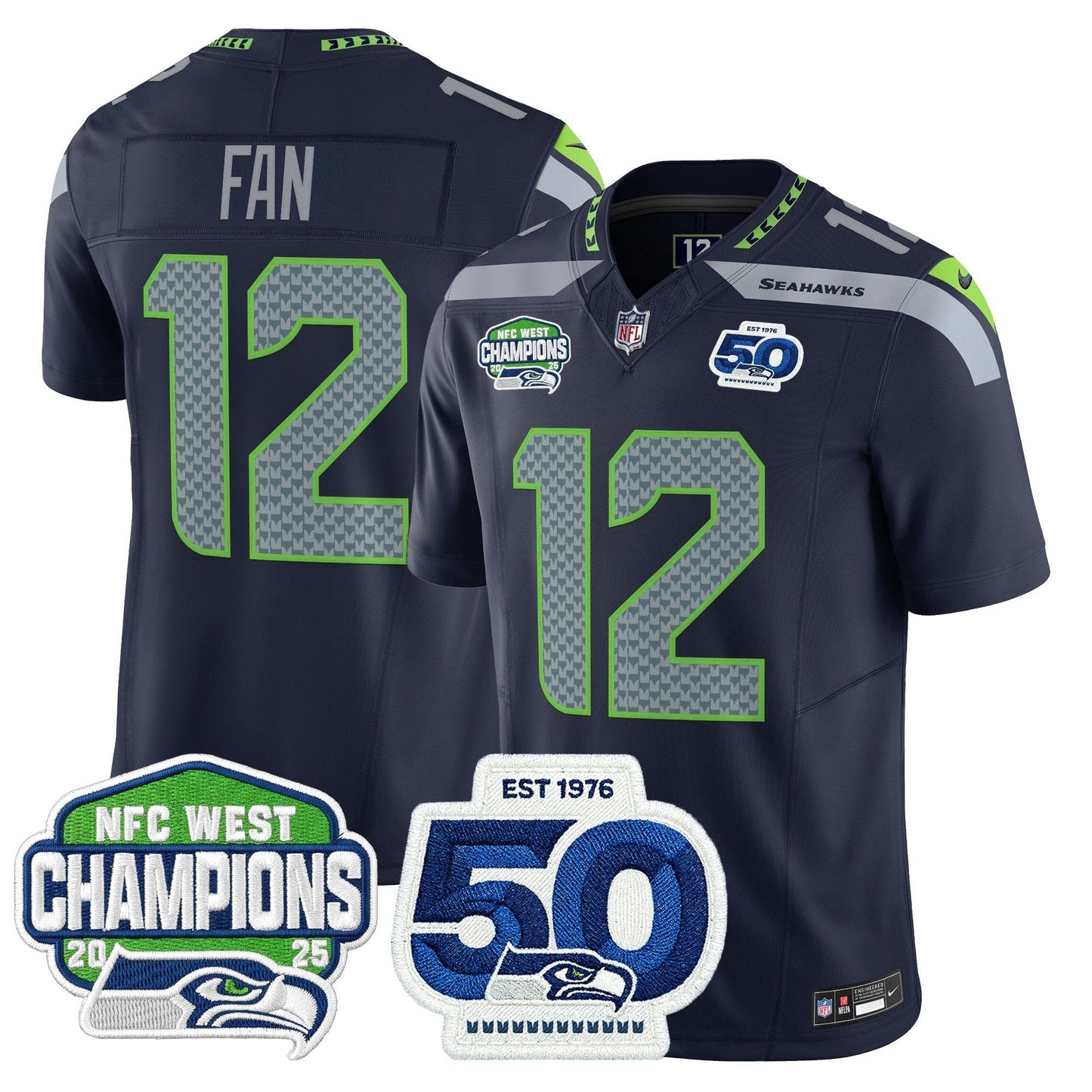 Camisa NFL Men’s Seattle 2025 NFC West Division Champions & 50th Anniversary Patch Vapor Limited Jersey