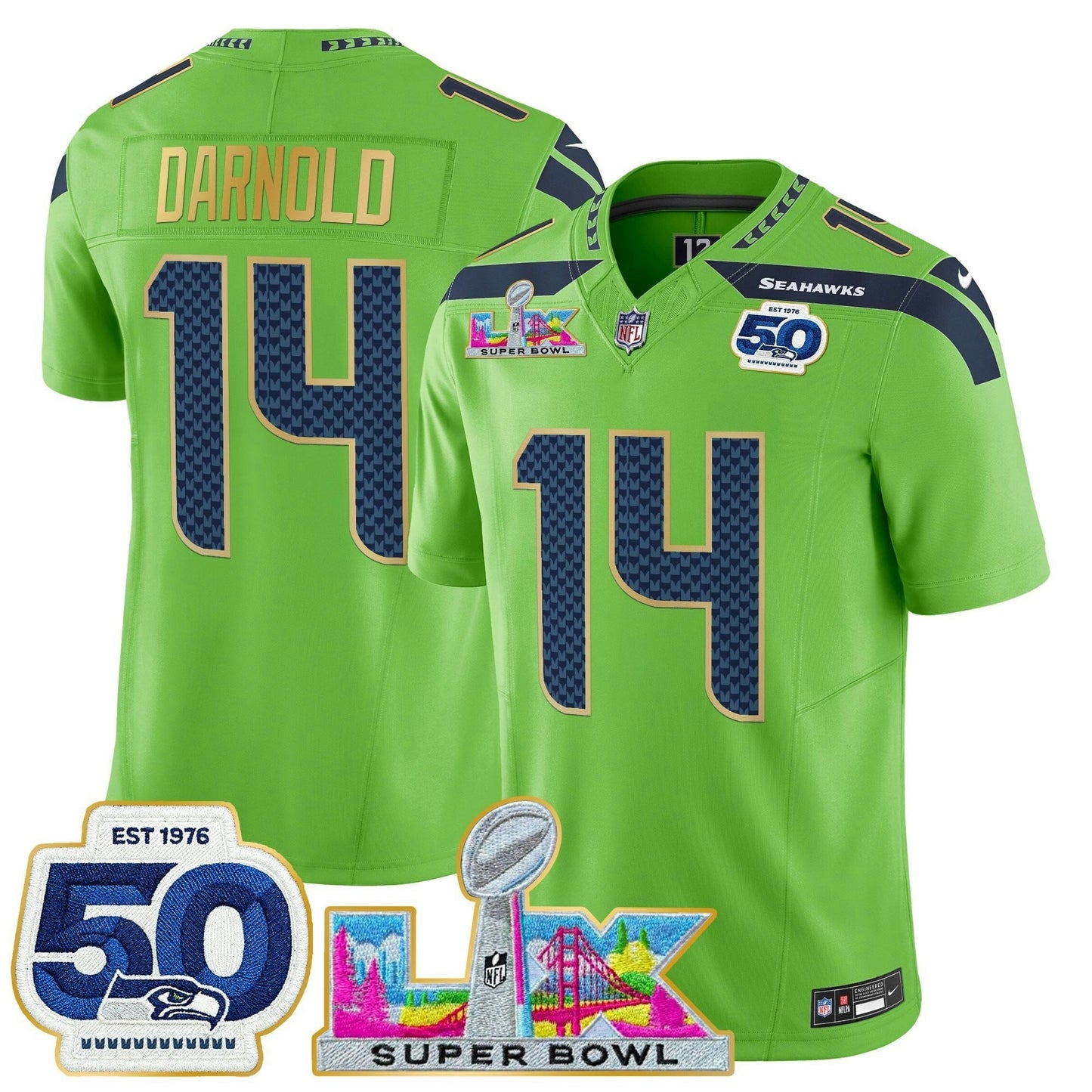 Camisa NFL Men’s Seattle “Super Bowl LX & 50th Patch” Dourada Trim Vapor Limited Jersey