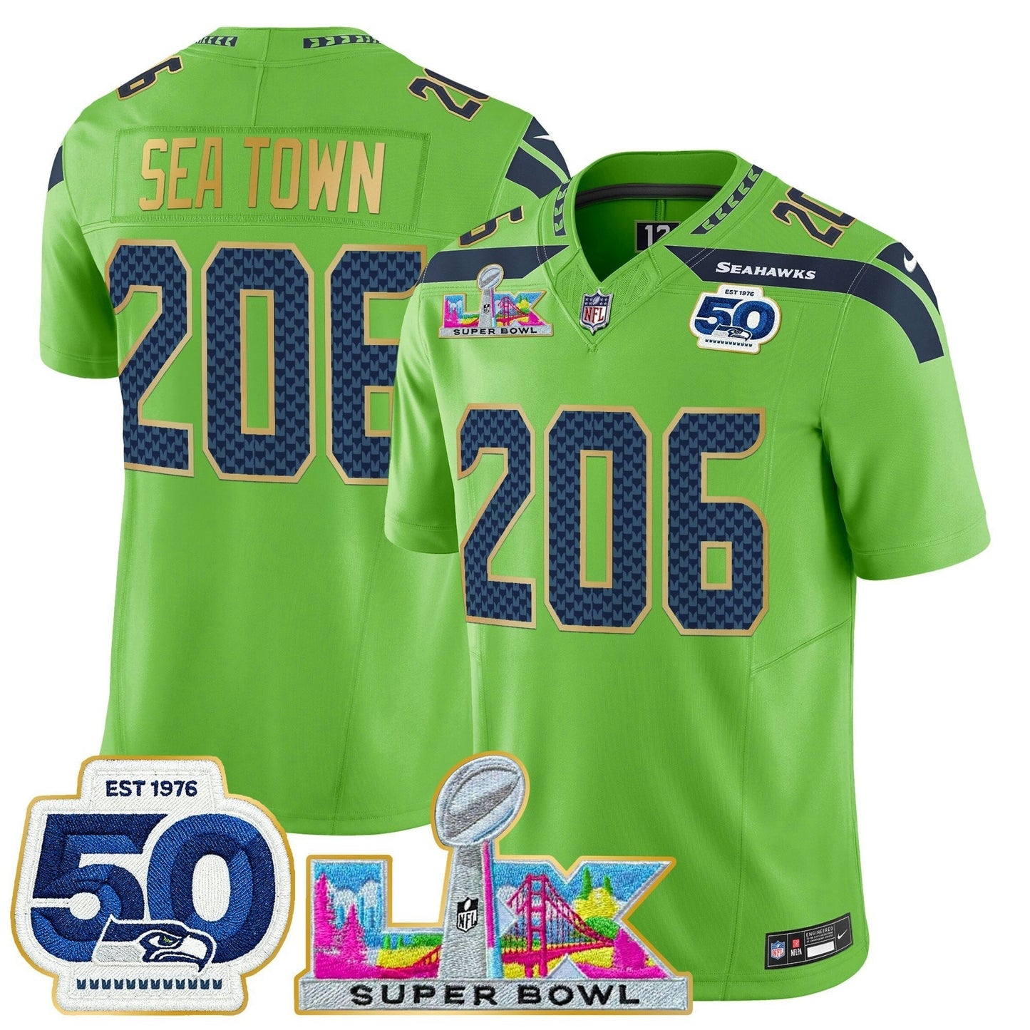 Camisa NFL Men’s Seattle “Super Bowl LX & 50th Patch” Dourada Trim Vapor Limited Jersey