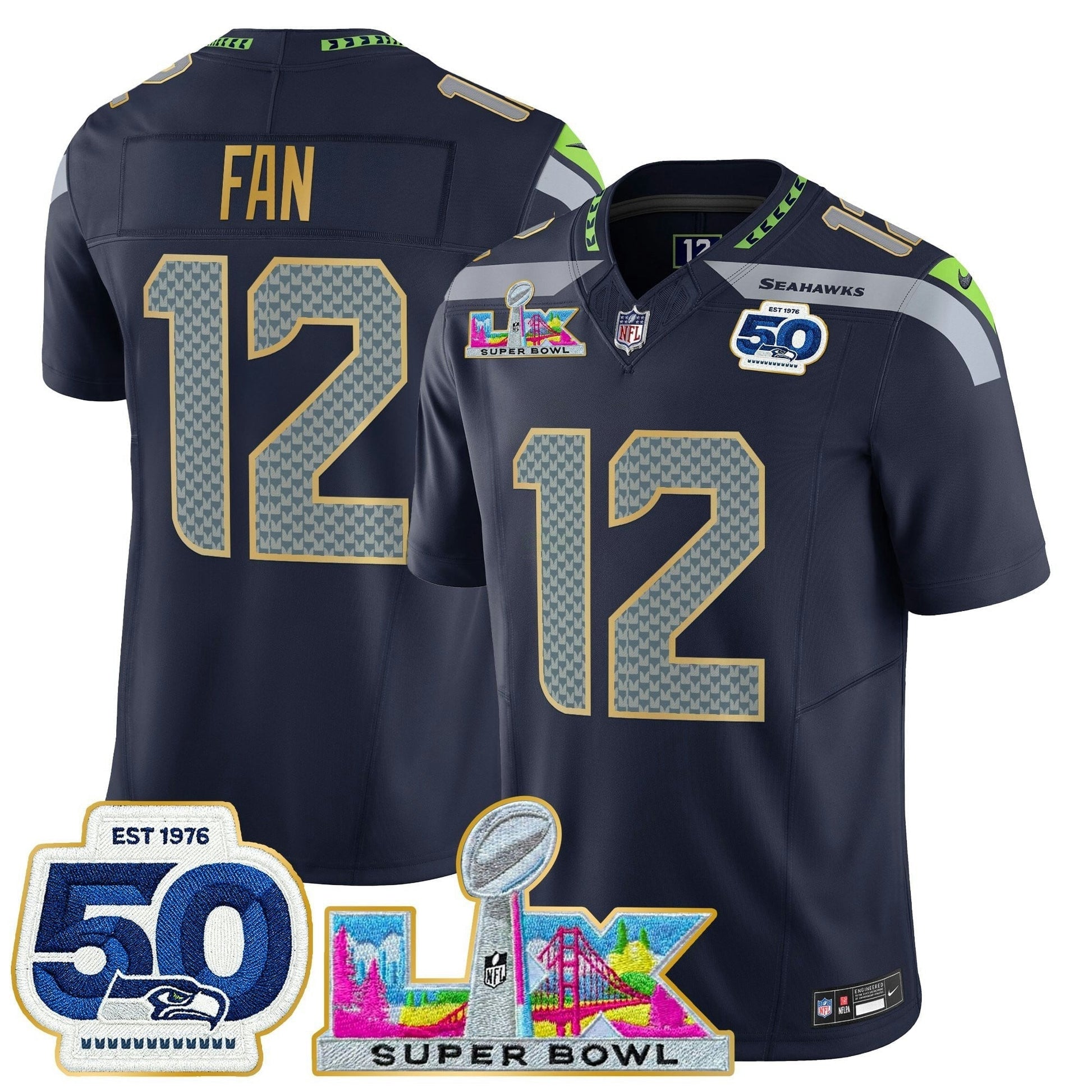 Camisa NFL Men’s Seattle “Super Bowl LX & 50th Patch” Dourada Trim Vapor Limited Jersey