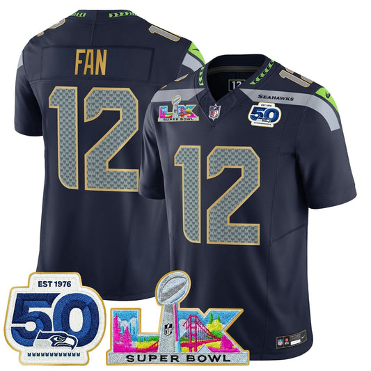 Camisa NFL Men’s Seattle “Super Bowl LX & 50th Patch” Dourada Trim Vapor Limited Jersey
