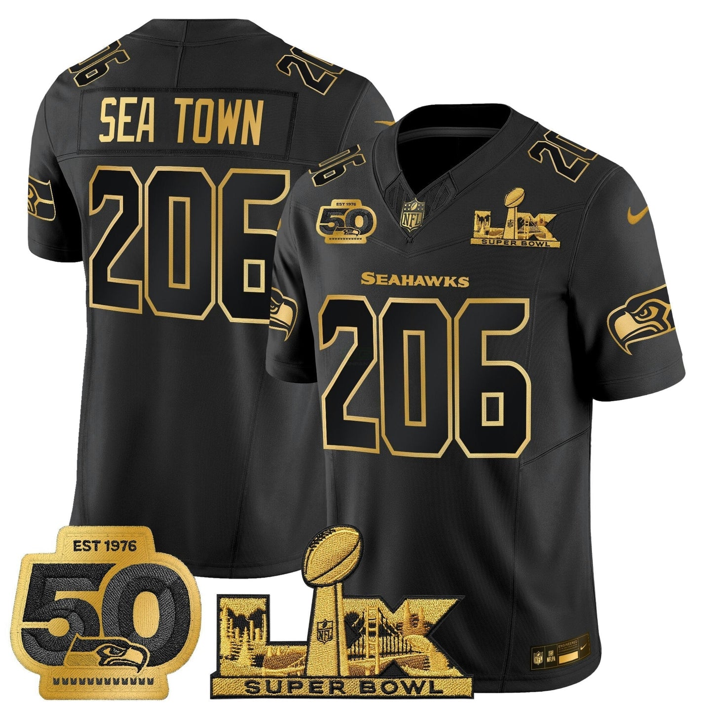 Camisa NFL Men’s Seattle “Super Bowl LX & 50th Patch” Dourada Vapor Limited Jersey