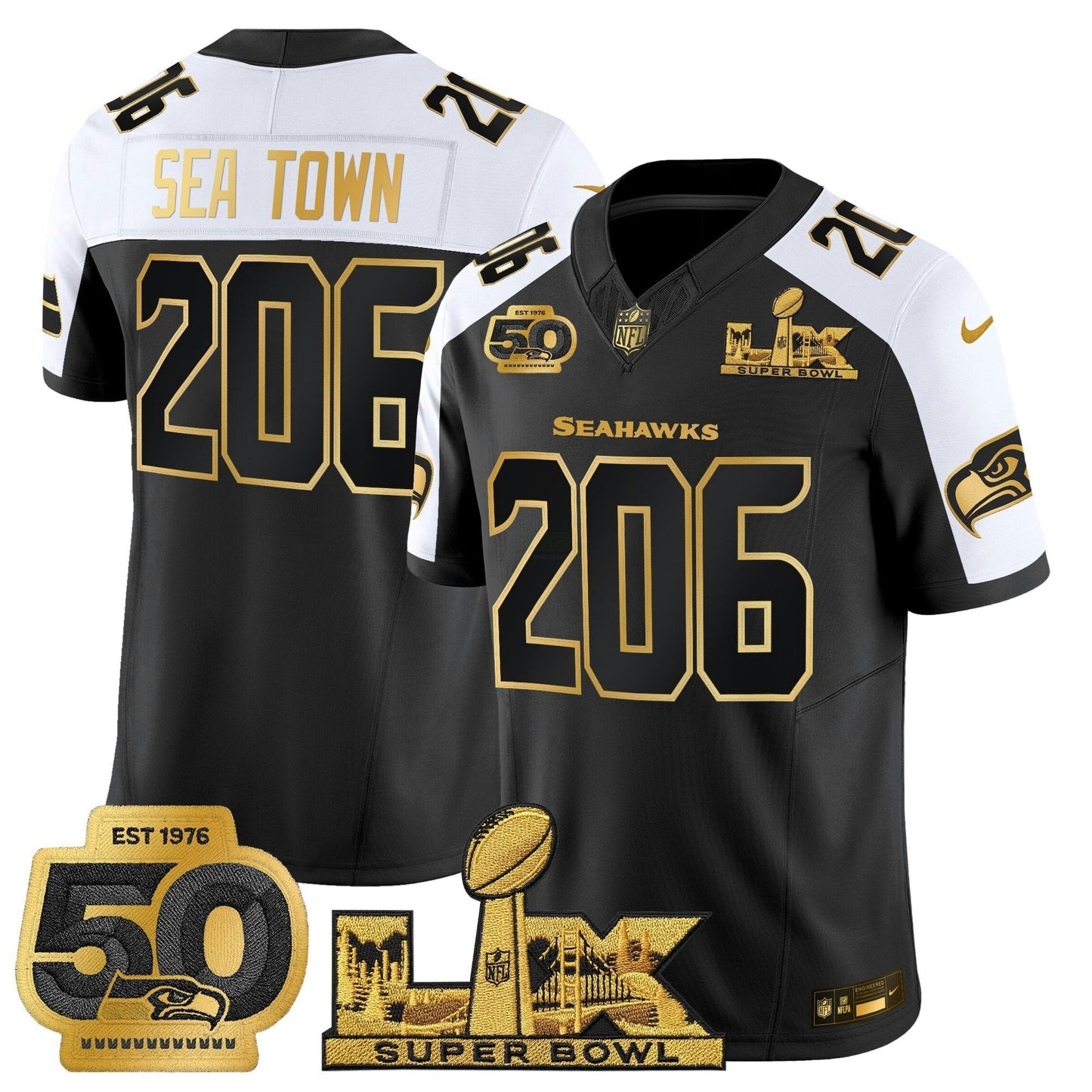 Camisa NFL Men’s Seattle “Super Bowl LX & 50th Patch” Dourada Vapor Limited Jersey