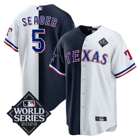 Camisa NFL Men’s Split Rangers – 2023 World Series Patch Cool Base Jersey - Branca - Azul Marinho