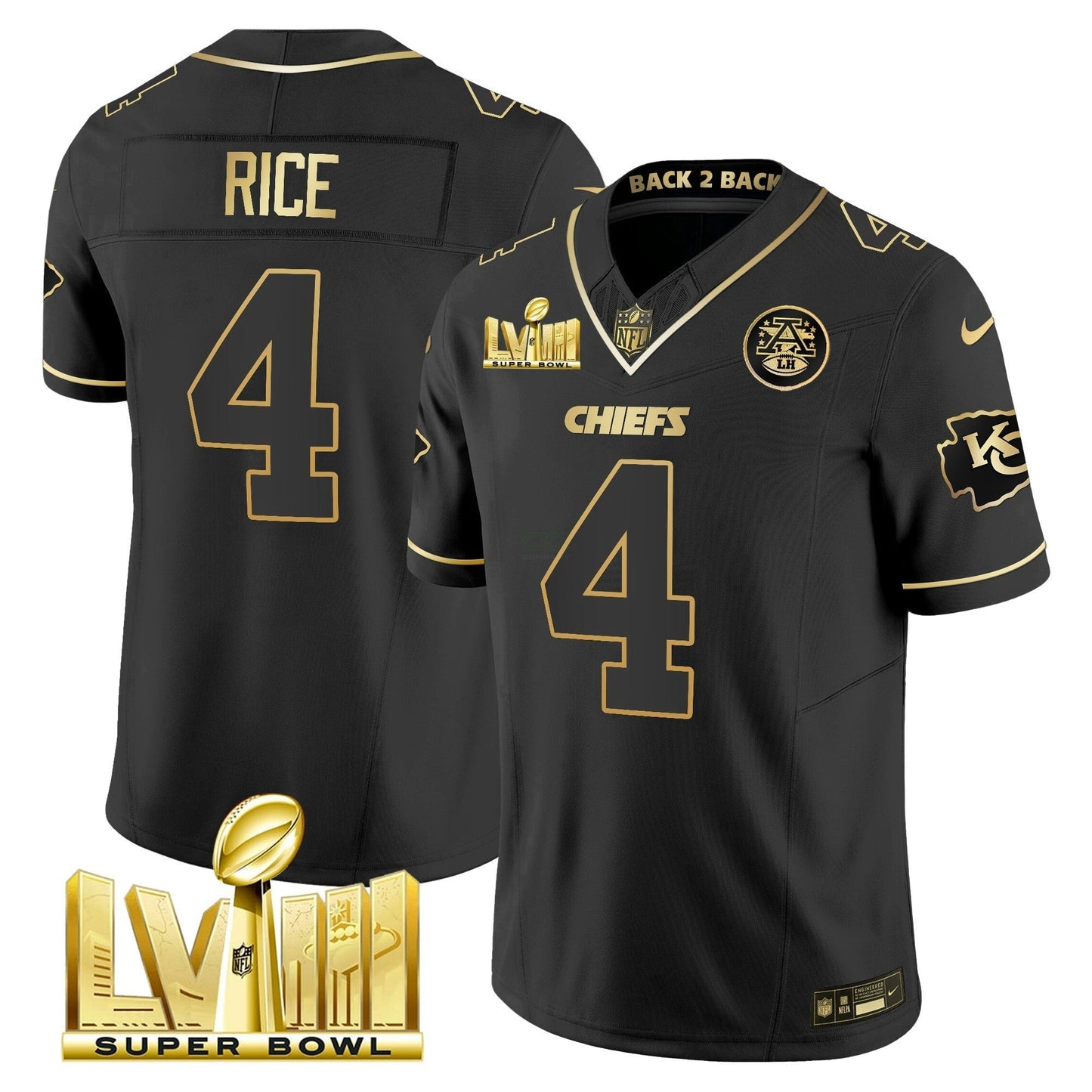 Camisa NFL Men’s Super Bowl LVIII & Back 2 Back Gold Patch Vapor Jersey V5