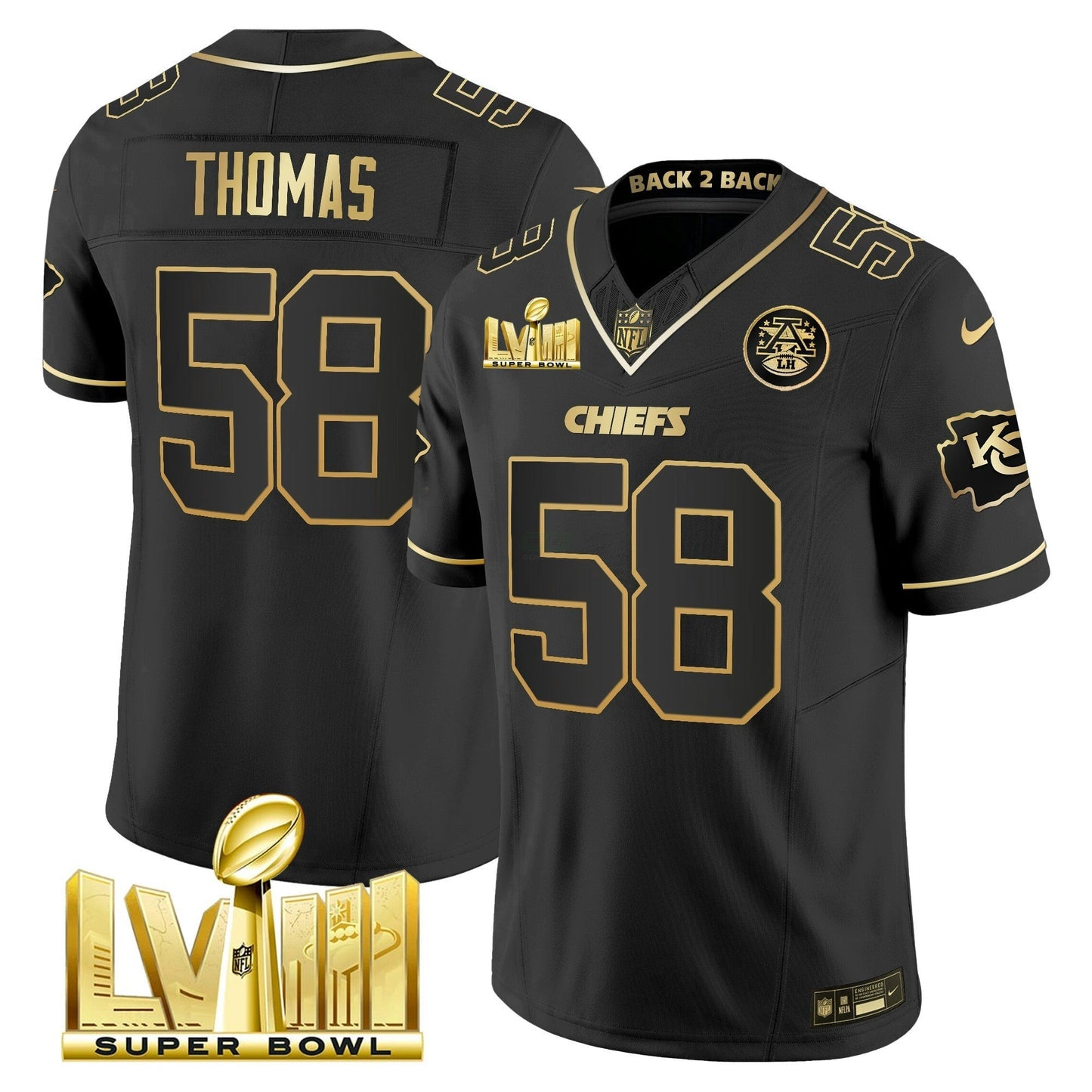 Camisa NFL Men’s Super Bowl LVIII & Back 2 Back Gold Patch Vapor Jersey V5