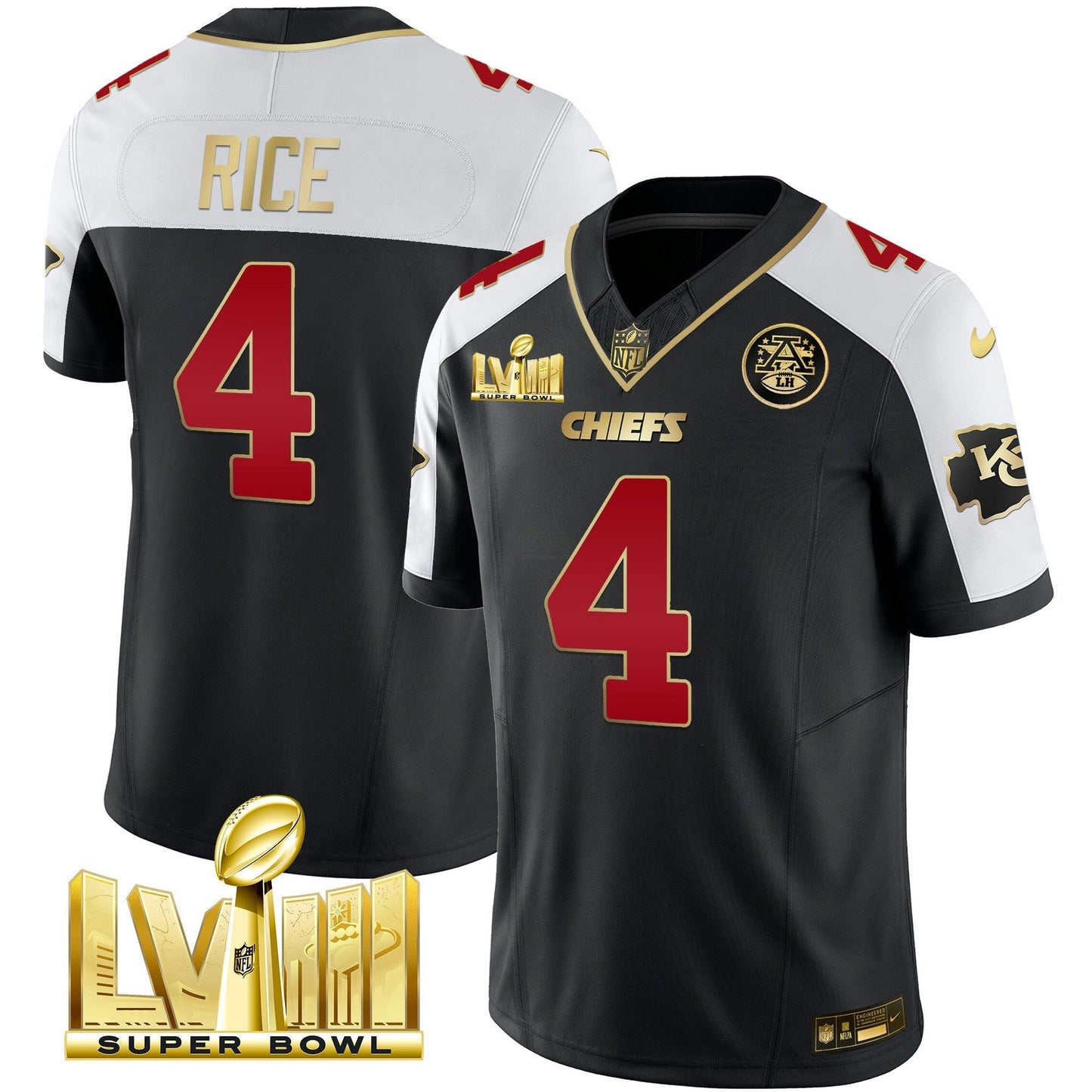 Camisa NFL Kansas City Chiefs Men’s Super Bowl LVIII Dourada Patch Vapor Jersey