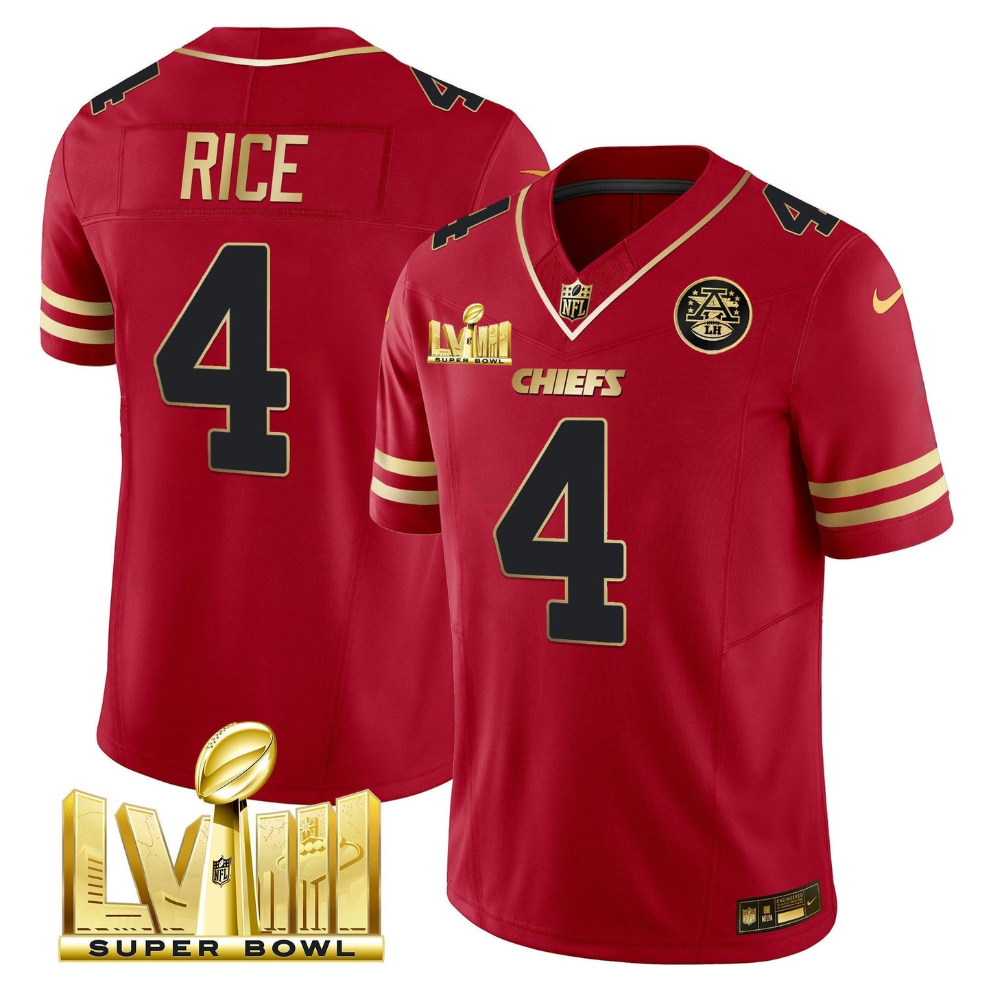 Camisa NFL Kansas City Chiefs Men’s Super Bowl LVIII Dourada Patch Vapor Jersey