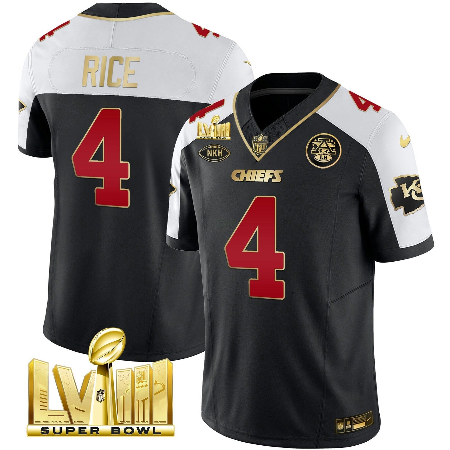 Camisa NFL Kansas City Chiefs Men’s Super Bowl LVIII Dourada Patch Vapor Jersey V2