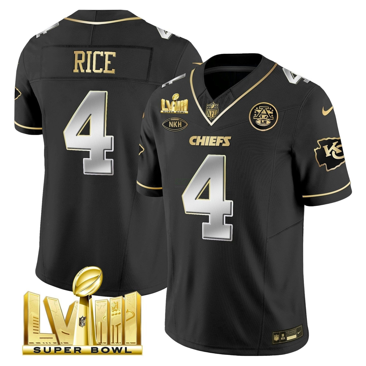 Camisa NFL Kansas City Chiefs Men’s Super Bowl LVIII Dourada Patch Vapor Jersey V2