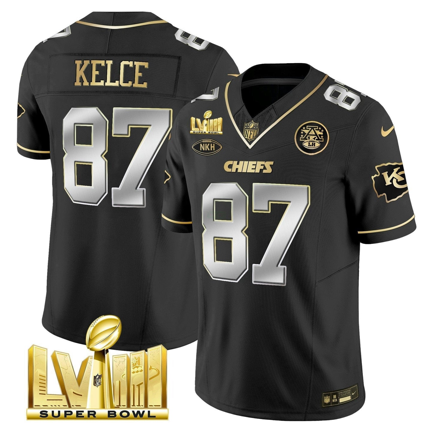 Camisa NFL Kansas City Chiefs Men’s Super Bowl LVIII Dourada Patch Vapor Jersey V2