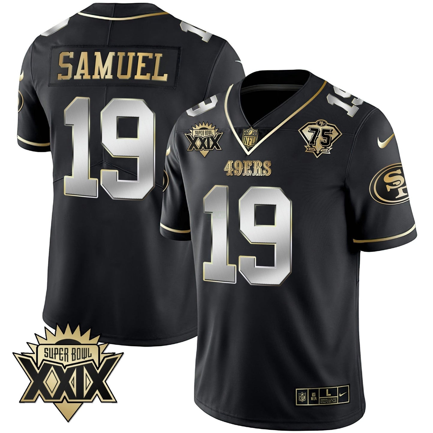 Camisa NFL Men’s Super Bowl XXIX Patch Preta Vermelha Dourada Jersey