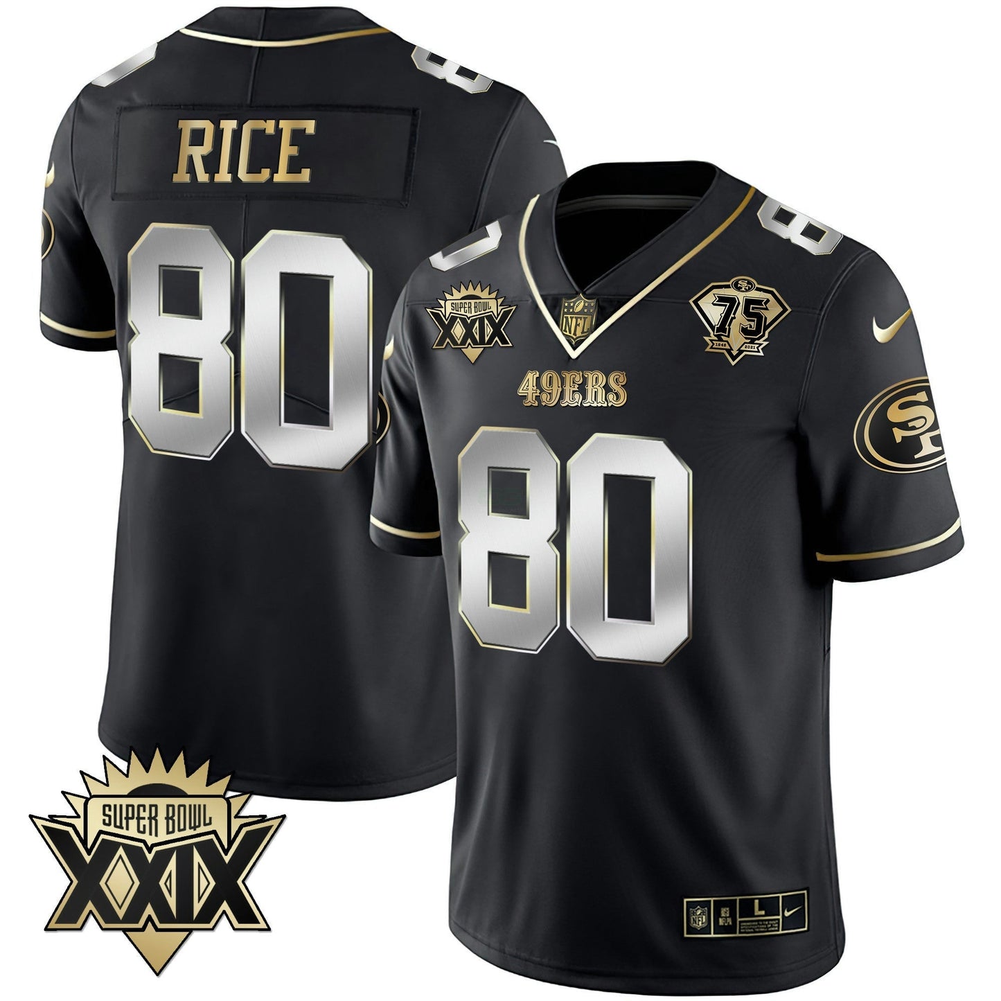 Camisa NFL Men’s Super Bowl XXIX Patch Preta Vermelha Dourada Jersey