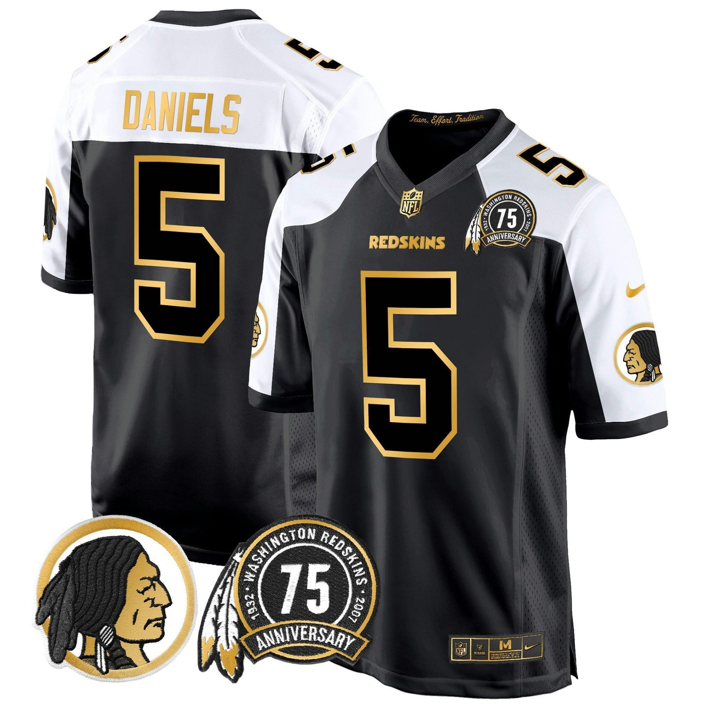 Camisa NFL Washington Commanders Men’s Washington Redskins 75th Patch Throwback Dourada Game Jersey