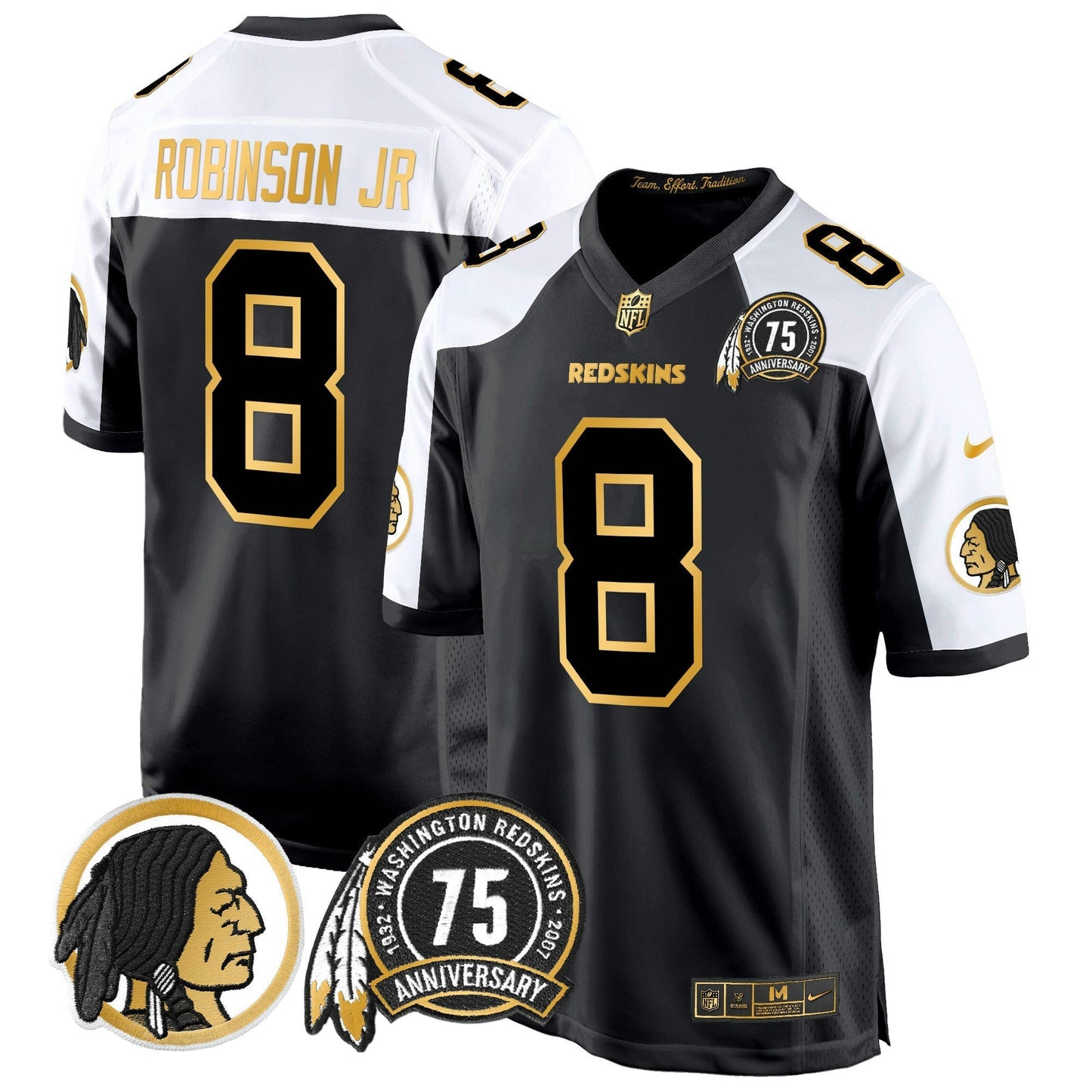 Camisa NFL Washington Commanders Men’s Washington Redskins 75th Patch Throwback Dourada Game Jersey