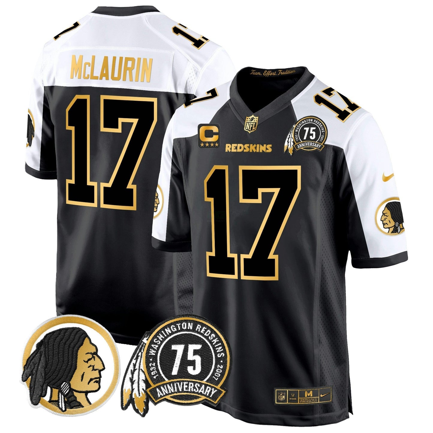 Camisa NFL Washington Commanders Men’s Washington Redskins 75th Patch Throwback Dourada Game Jersey