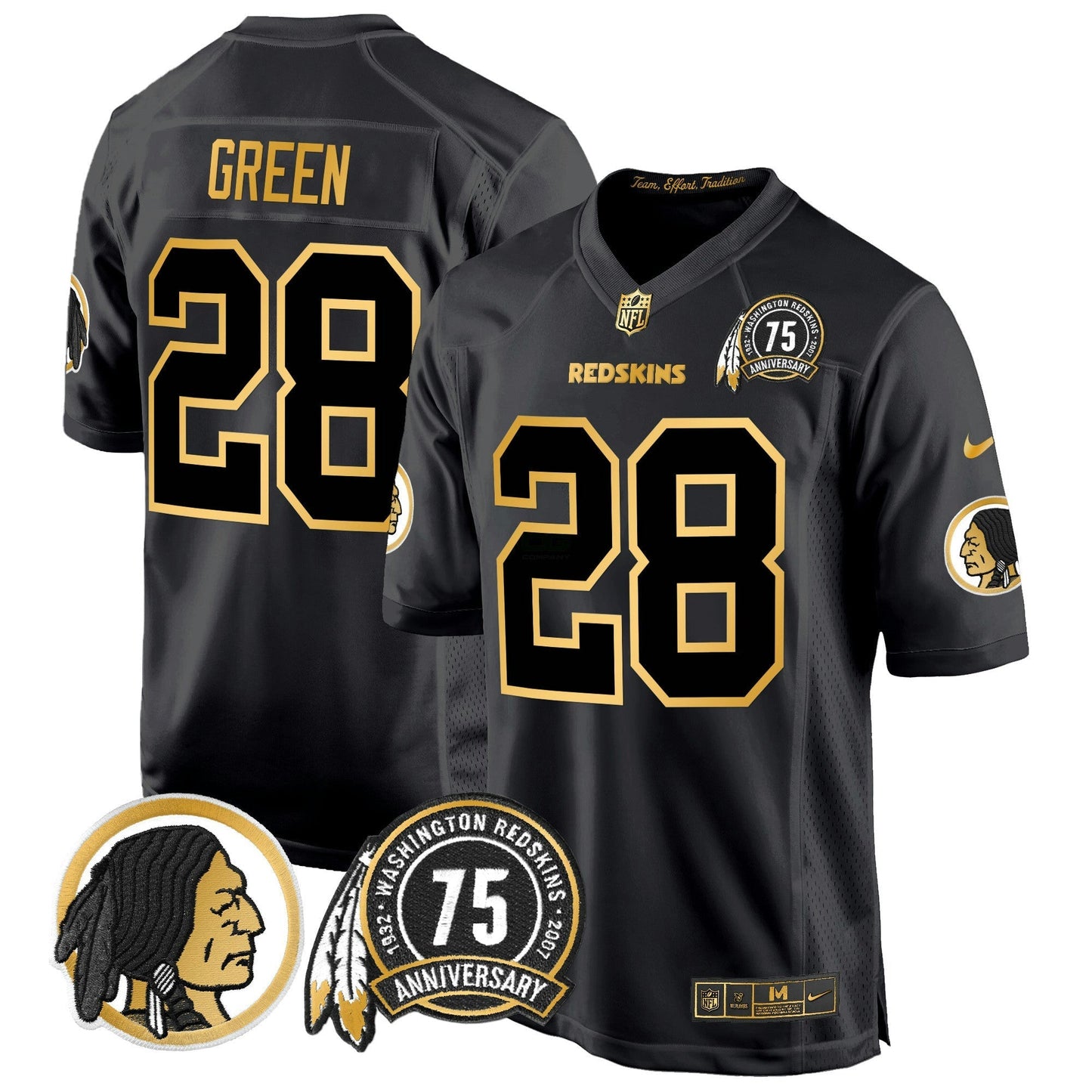 Camisa NFL Washington Commanders Men’s Washington Redskins 75th Patch Throwback Dourada Game Jersey