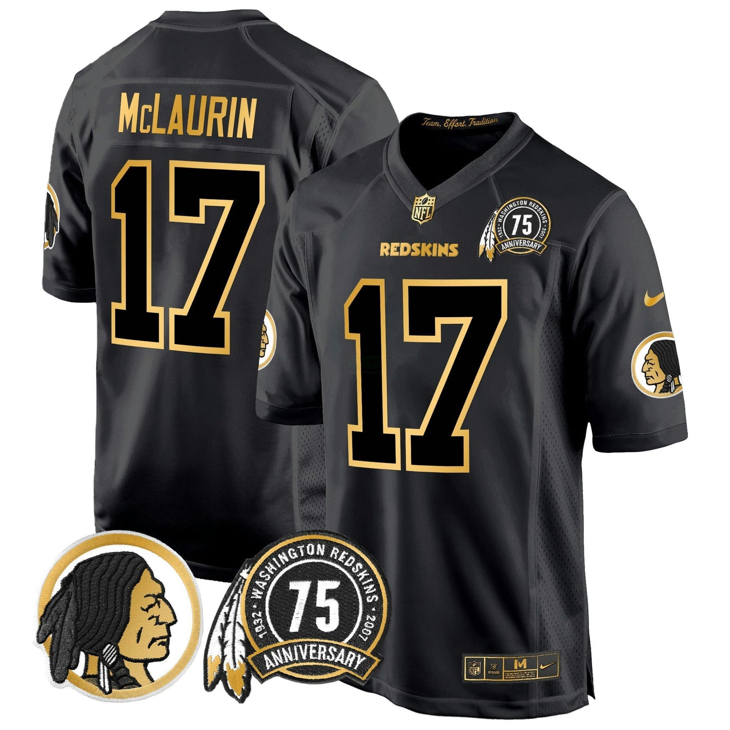 Camisa NFL Washington Commanders Men’s Washington Redskins 75th Patch Throwback Dourada Game Jersey