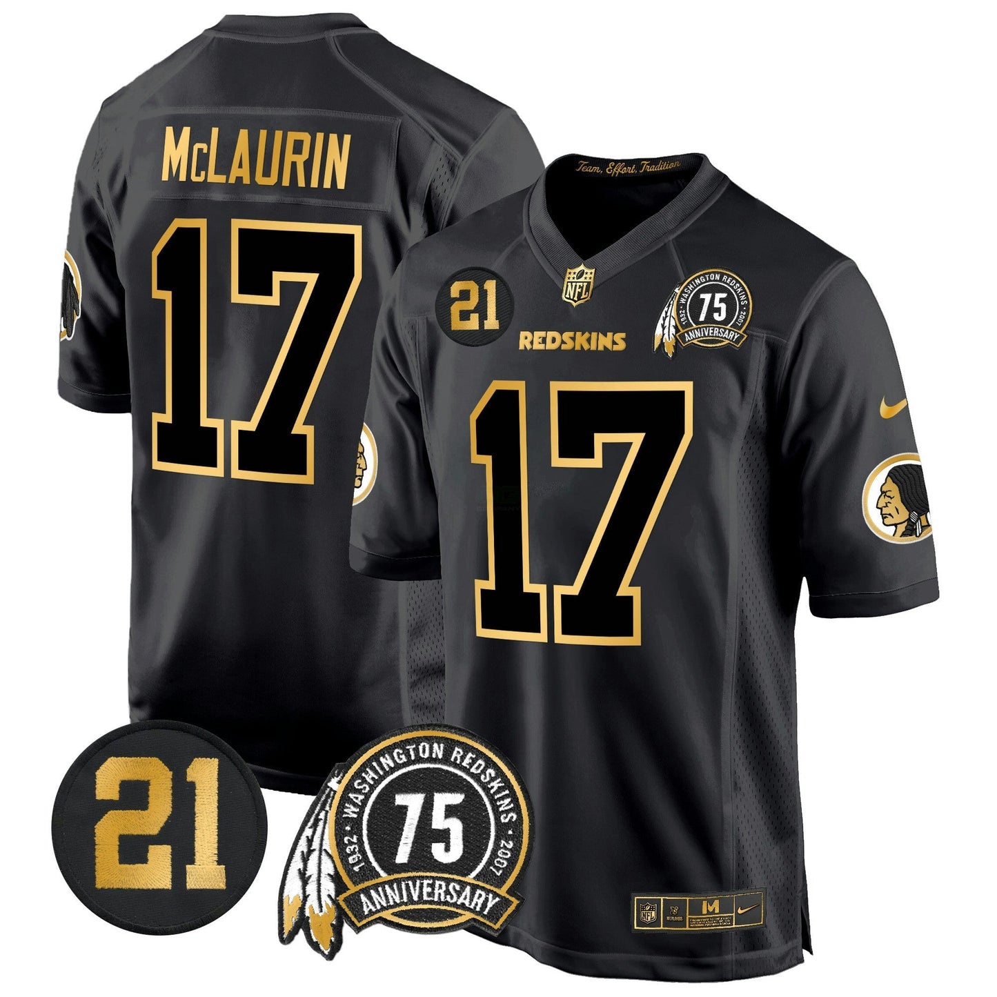 Camisa NFL Washington Commanders Men’s Washington Redskins 75th & Sean Taylor Patch Dourada Game Jersey