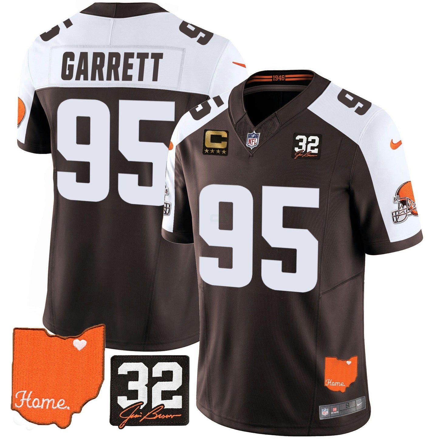 Camisa NFL Myles Garrett #32 Jim Brown Memorial & Home Patch Jersey