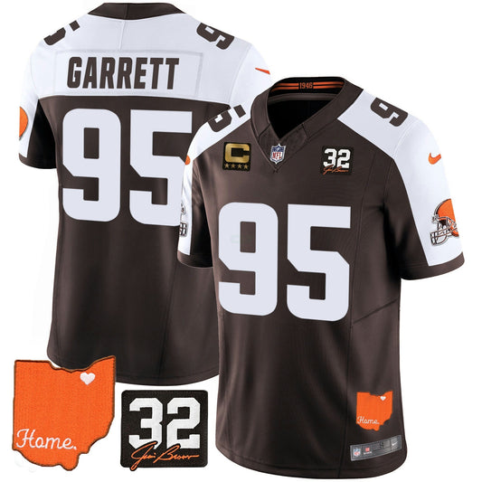 Camisa NFL Myles Garrett #32 Jim Brown Memorial & Home Patch Jersey