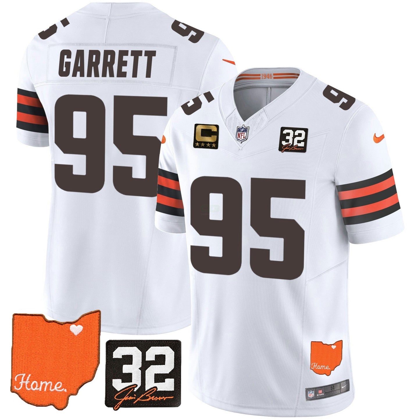 Camisa NFL Myles Garrett #32 Jim Brown Memorial & Home Patch Jersey