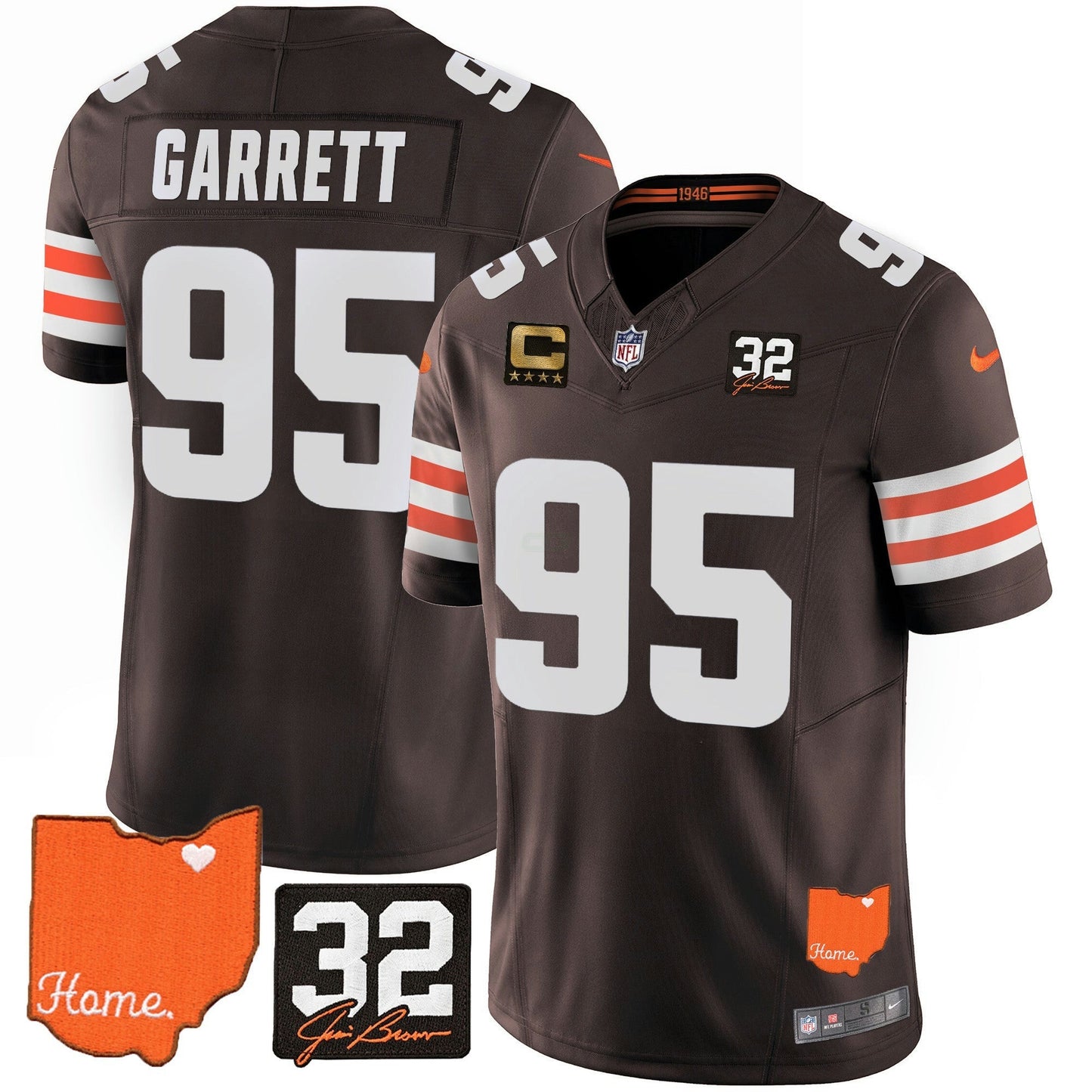 Camisa NFL Myles Garrett #32 Jim Brown Memorial & Home Patch Jersey