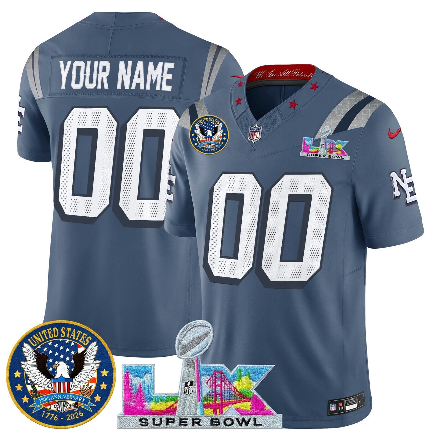 Camisa NFL New England “Super Bowl LX & United States 250th Patch” Vapor Limited Jersey