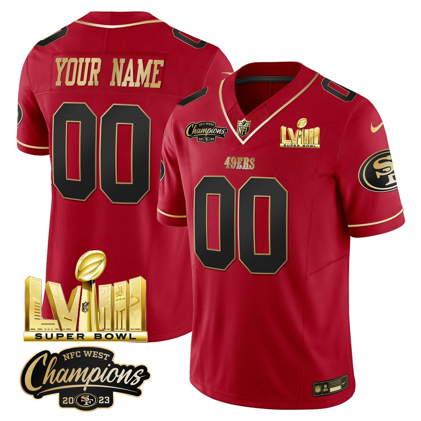 Camisa NFL NFC West Champions & Super Bowl LVIII Dourada Patch Vapor Jersey V2
