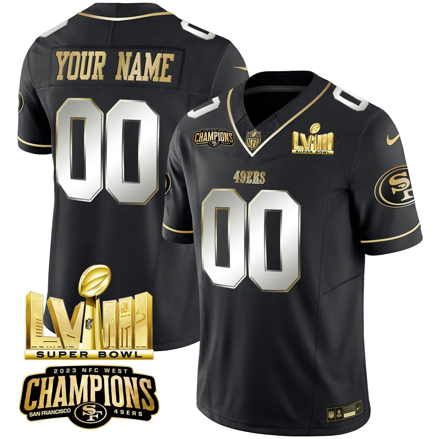 Camisa NFL NFC West Champions & Super Bowl LVIII Dourada Patch Vapor Jersey